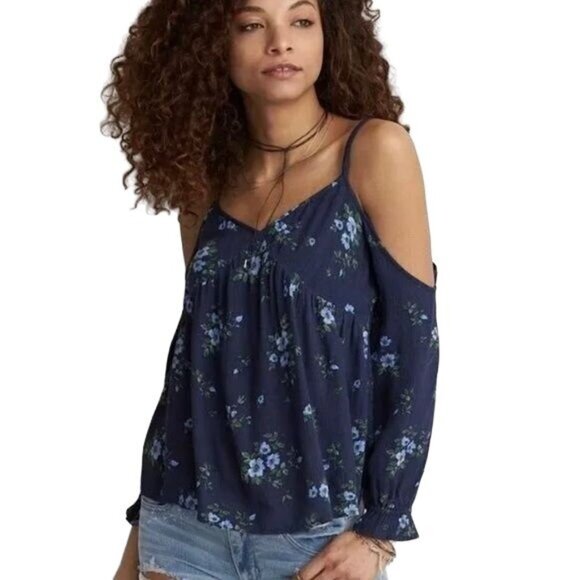 AMERICA‎ EAGLE Womens Top XSmall Cold Shoulder Floral Long Sleeve Blue Ruched - Picture 1 of 9